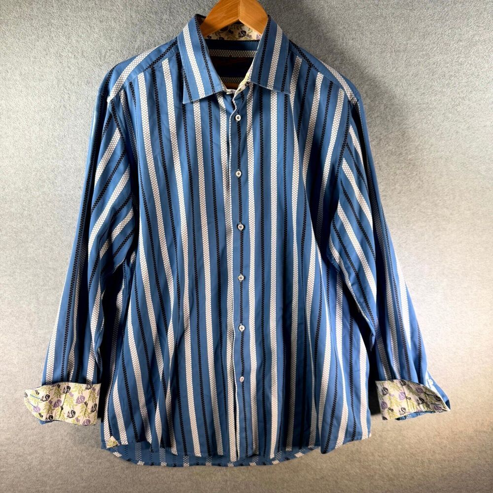 Robert Graham Dress Shirt Men's L/XL Blue White Striped Collared Formal Business